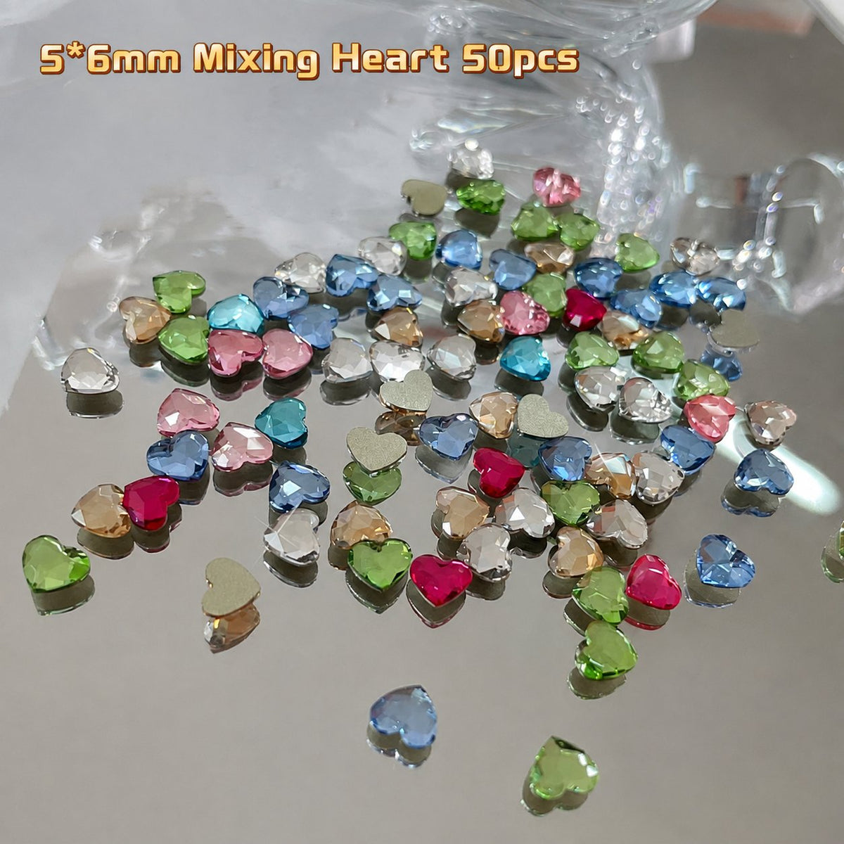 Multicolor 5 × 6 mm heart nail decorations with a small jar