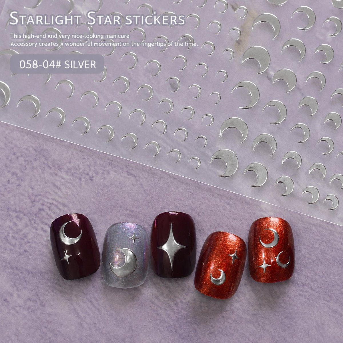 Silver crescent and star nail sticker sheet with matching manicure examples