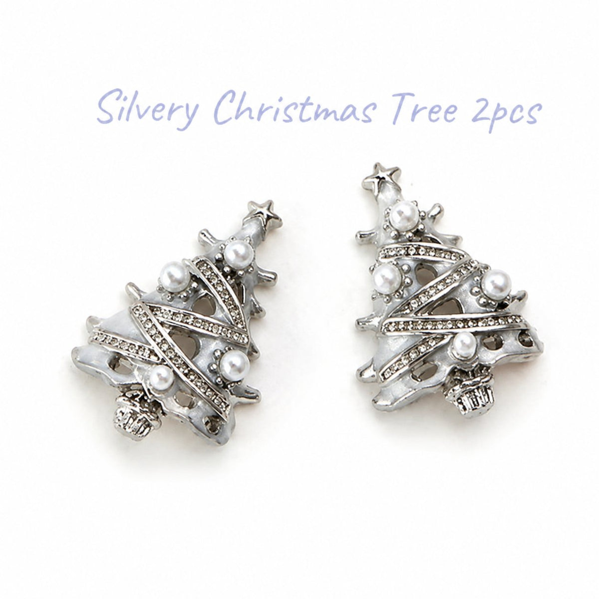 Silver Christmas tree nail charms with pearl and rhinestone details