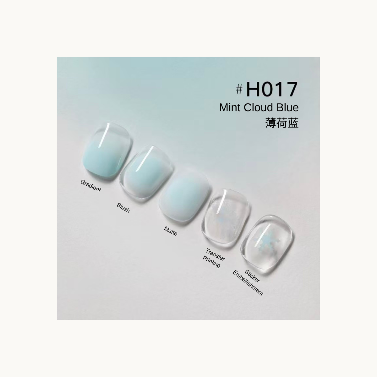 Mint blue nail color gel shade chart with blue transfer and abstract embellishment examples