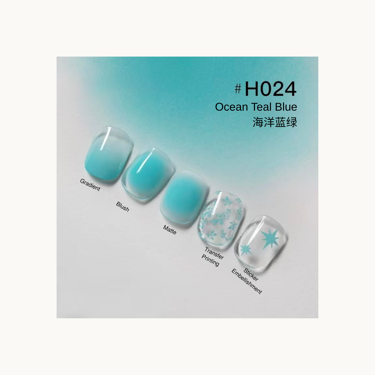 Ocean teal nail color gel shade chart with floral transfer and starburst embellishment examples