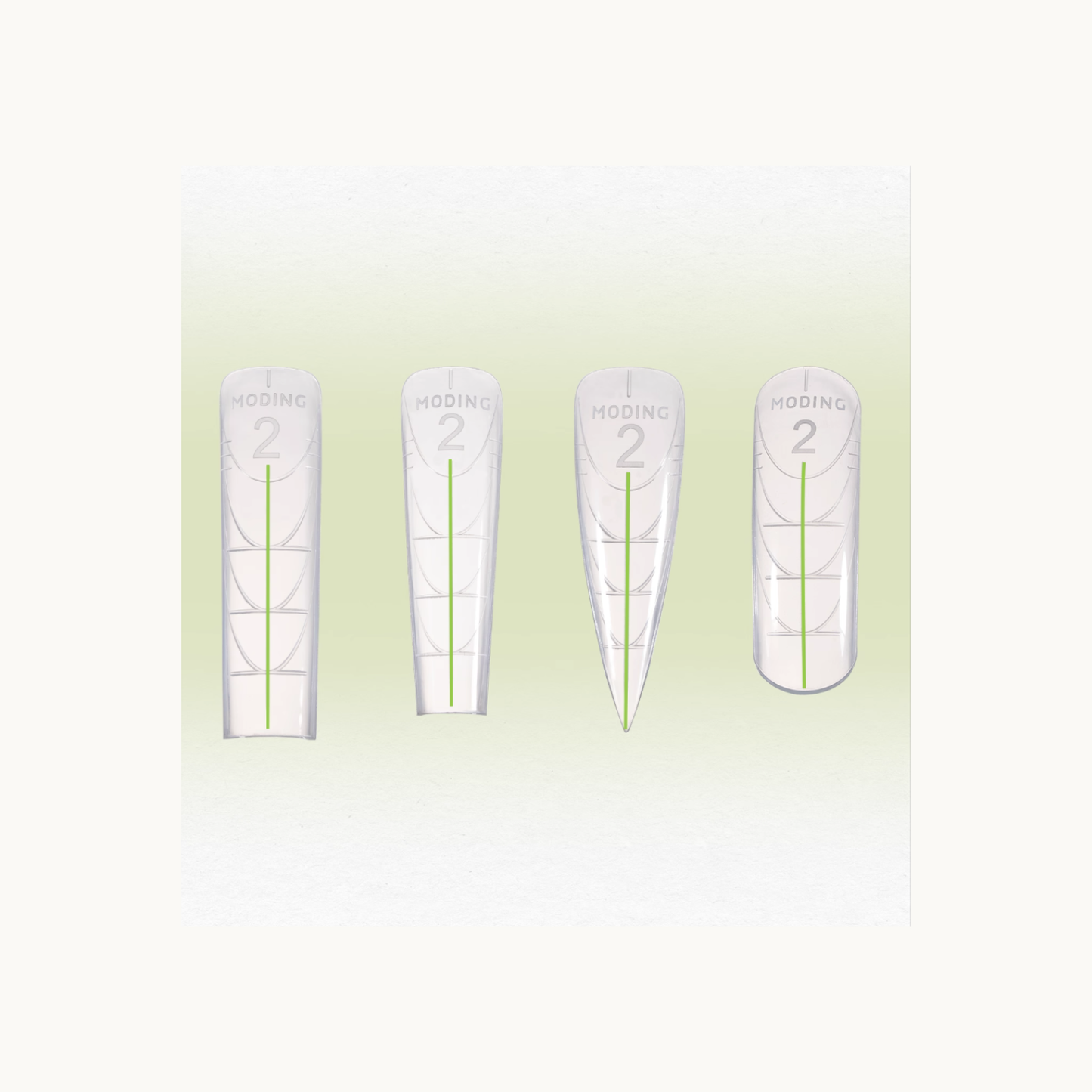 MODING nail dual-form collection showing four shapes: square, tapered, stiletto, and round