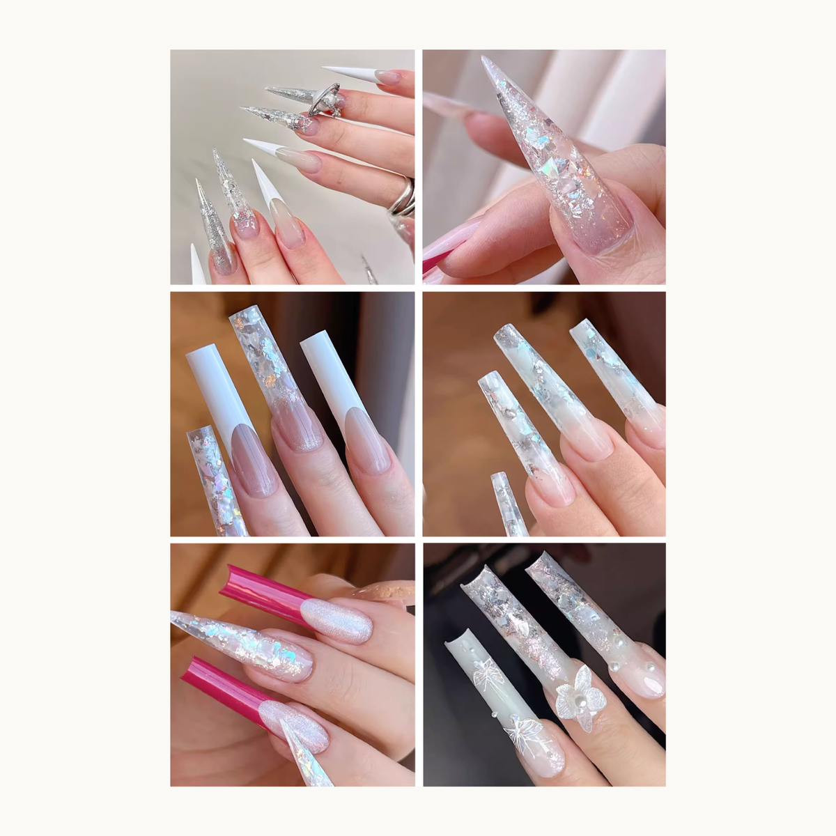 Collage of long extension gel nail designs with glitter and embellishments
