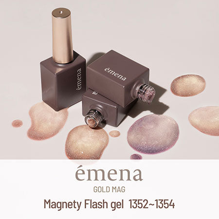 emena Magnety Flash Gel 1352 to 1354 bottles and magnetic color swatches in the Gold Mag Pure Collection.