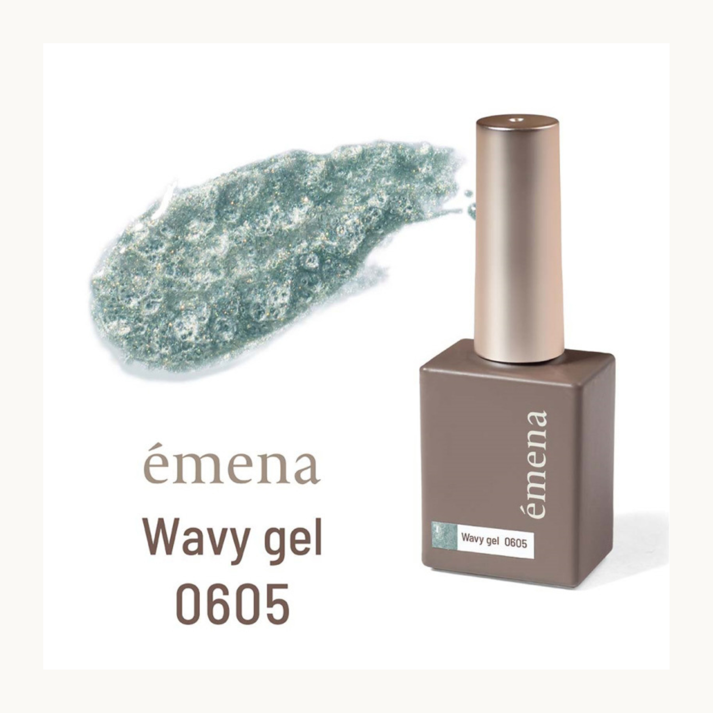 emena Wavy Gel 0605 teal blue nail polish bottle with swatch. Shimmer textured wave effect gel for salon-quality manicure.