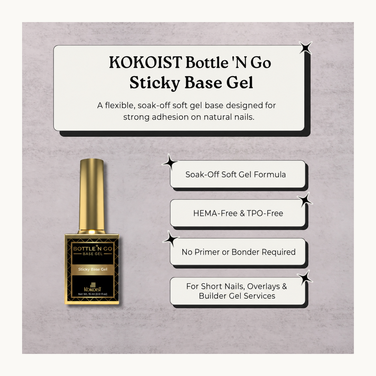 KOKOIST Bottle āN Go Sticky Base Gel featuring a HEMA-free and TPO-free soak-off formula for overlays and builder gel services.