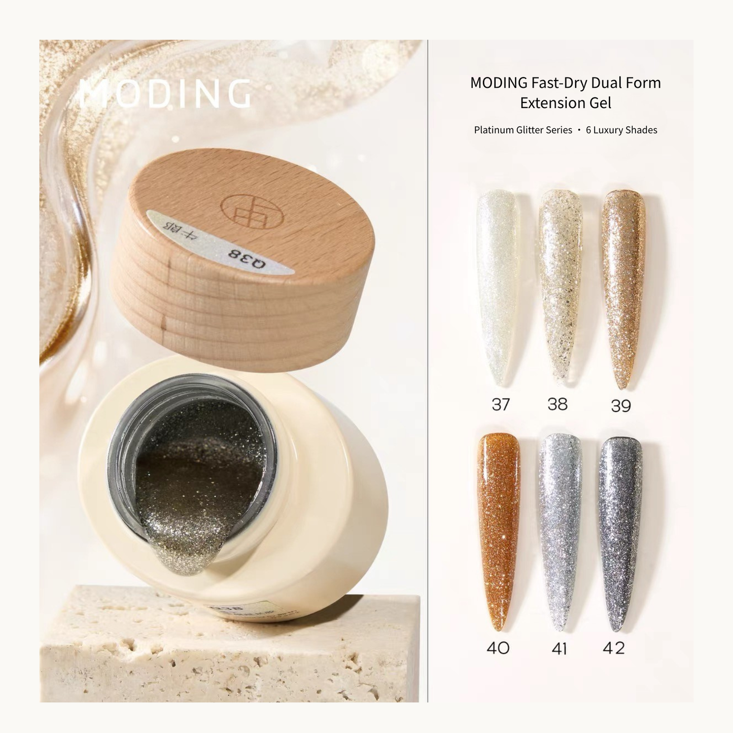 Platinum glitter builder gel jar beside six numbered shade swatches