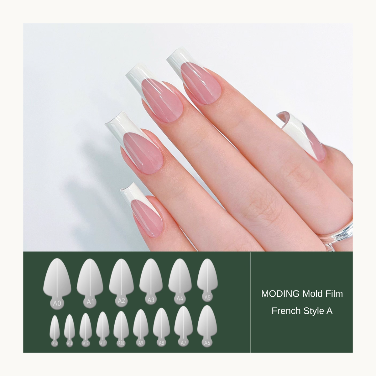 French Style A nail mold film with labeled size shapes and manicure example