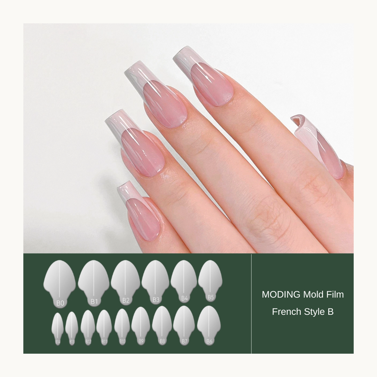 French Style B nail mold film with labeled size shapes and manicure example