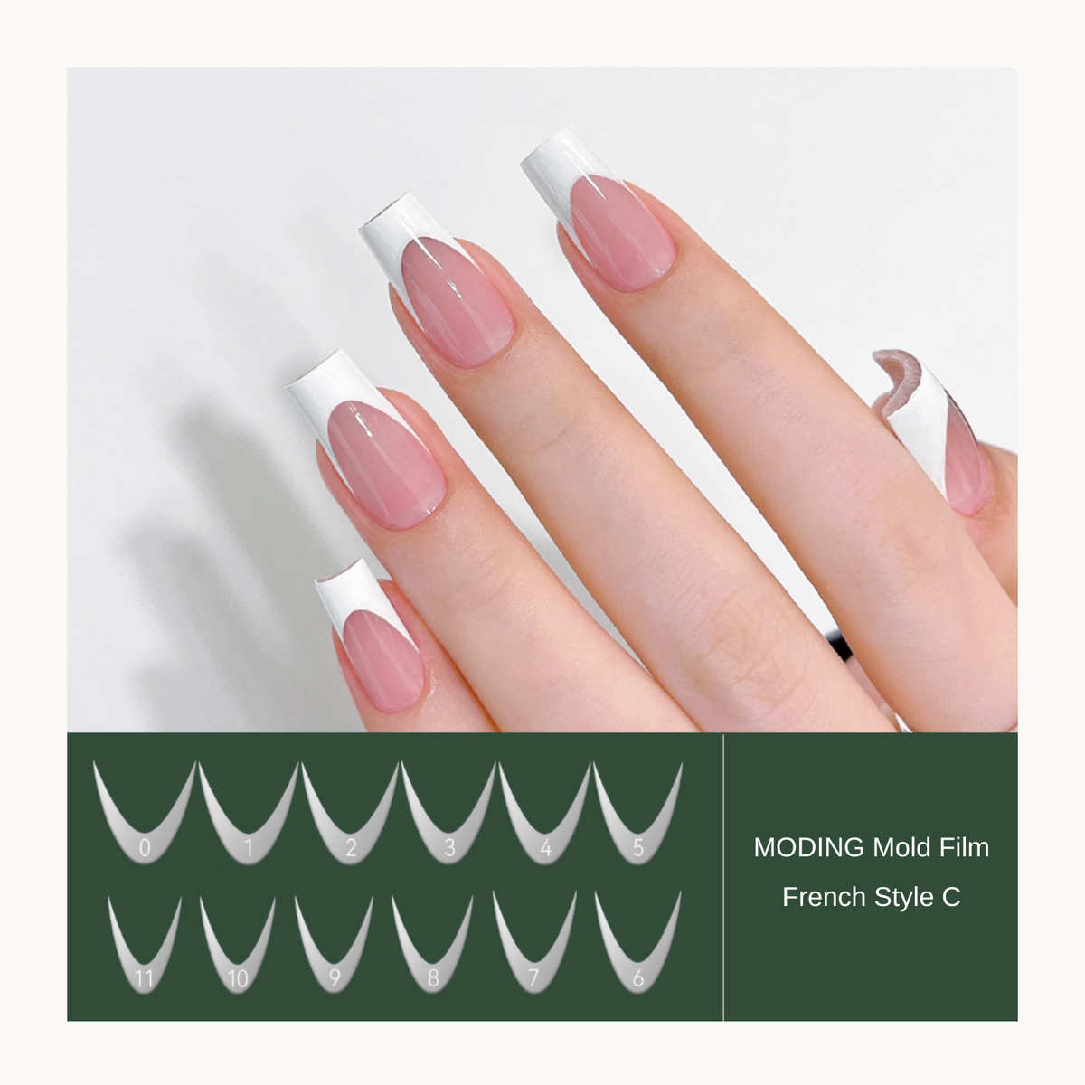 French Style C nail mold film with labeled curved shapes and manicure example