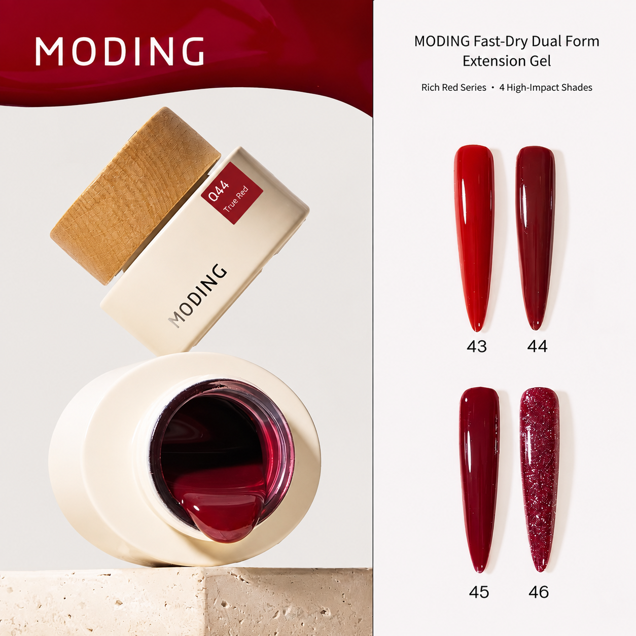 Rich red builder gel shade chart with four nail color swatches