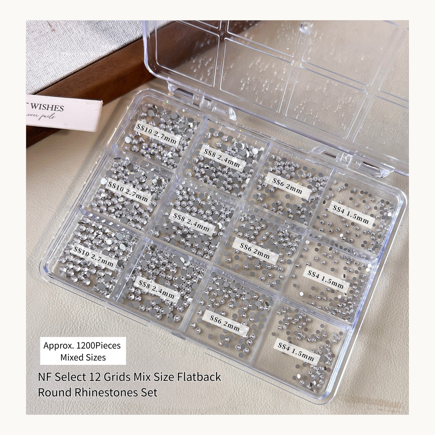 NF Select Mixed size clear crystal flatback round rhinestones set with approximately 1200 pieces, ideal for nail art decoration, 3D nail designs, and professional manicures.