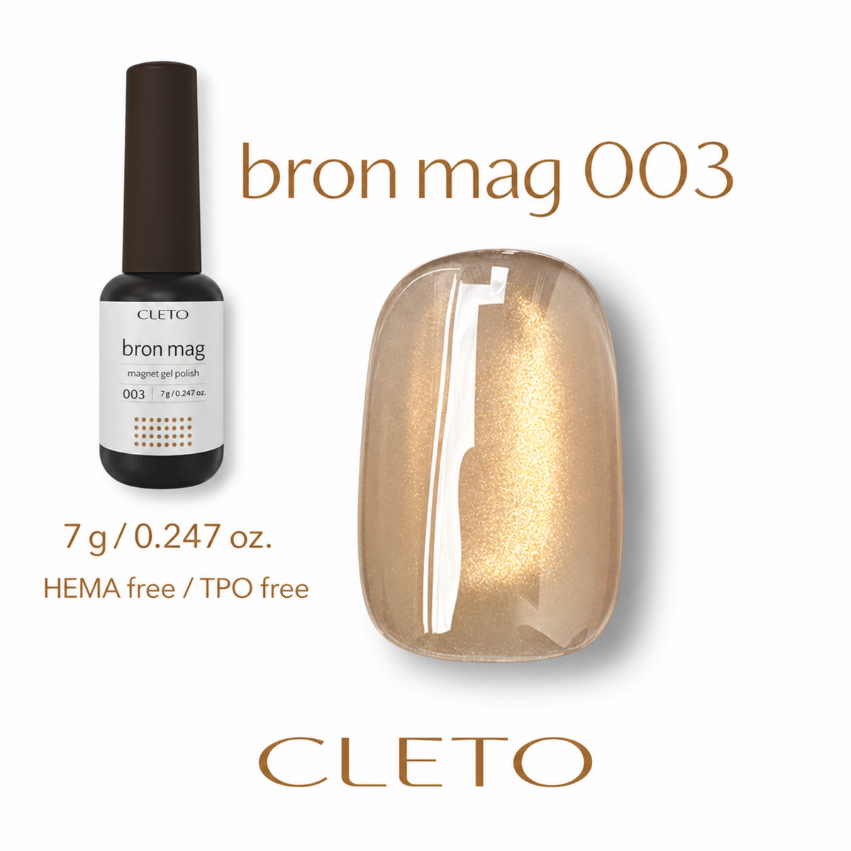 NF x CLETO Bron Mag 003 light brown magnetic gel with fine gold shimmer in a 7 g bottle.