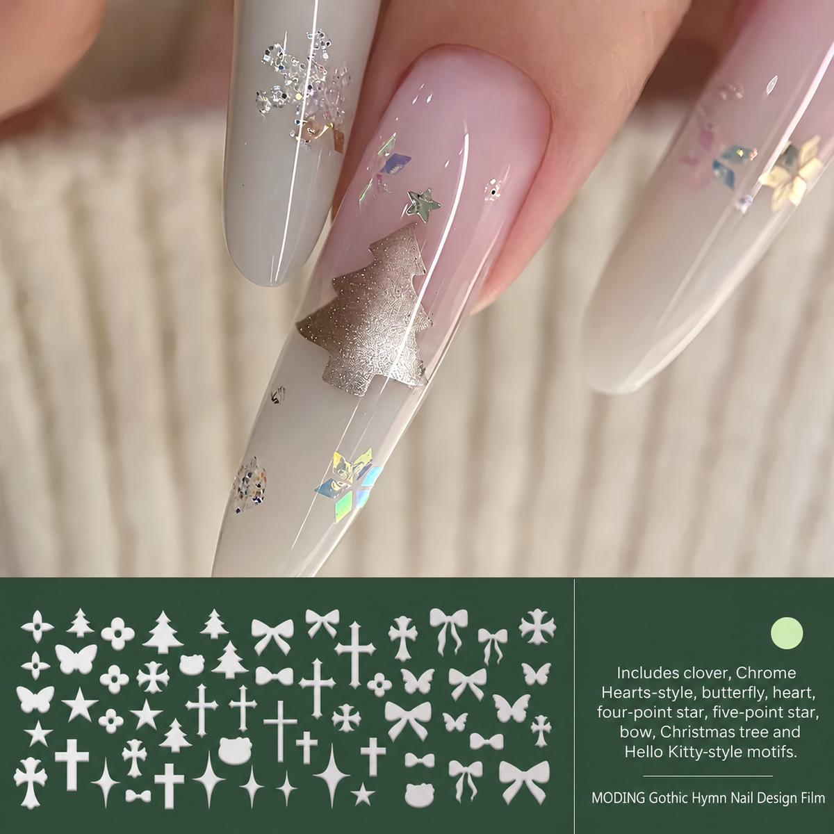 NF x MODING Gothic Hymn nail design film with cross, star, bow, butterfly and heart motifs.