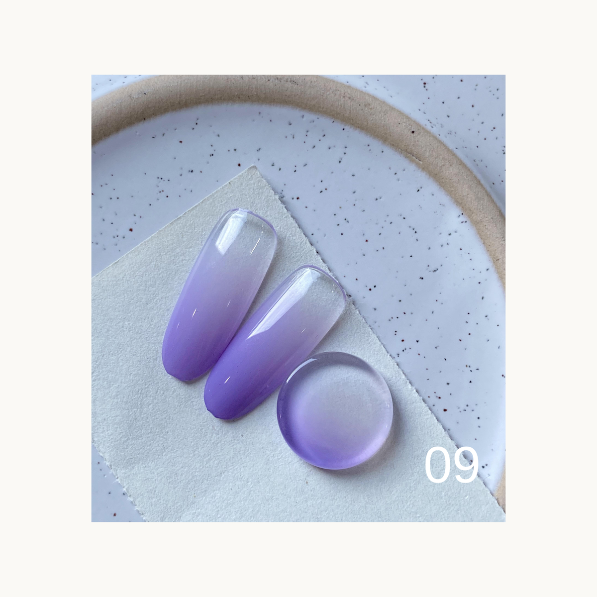 Lavender purple gradient gel color swatches labeled 09