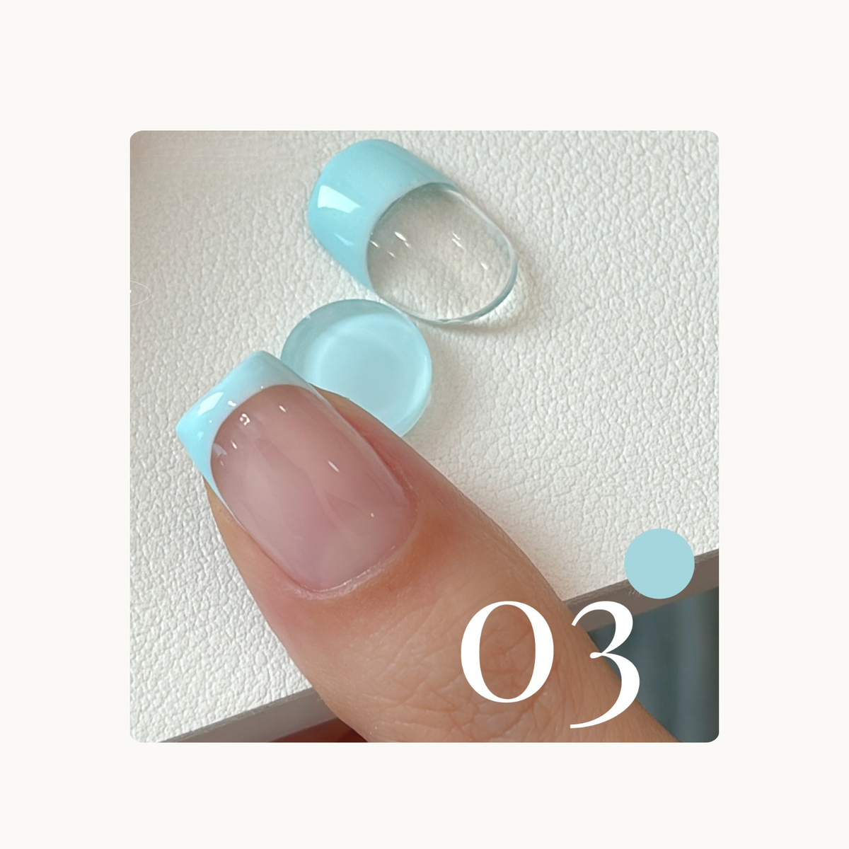 Sky Mist Blue French tip gel swatch on a natural nail