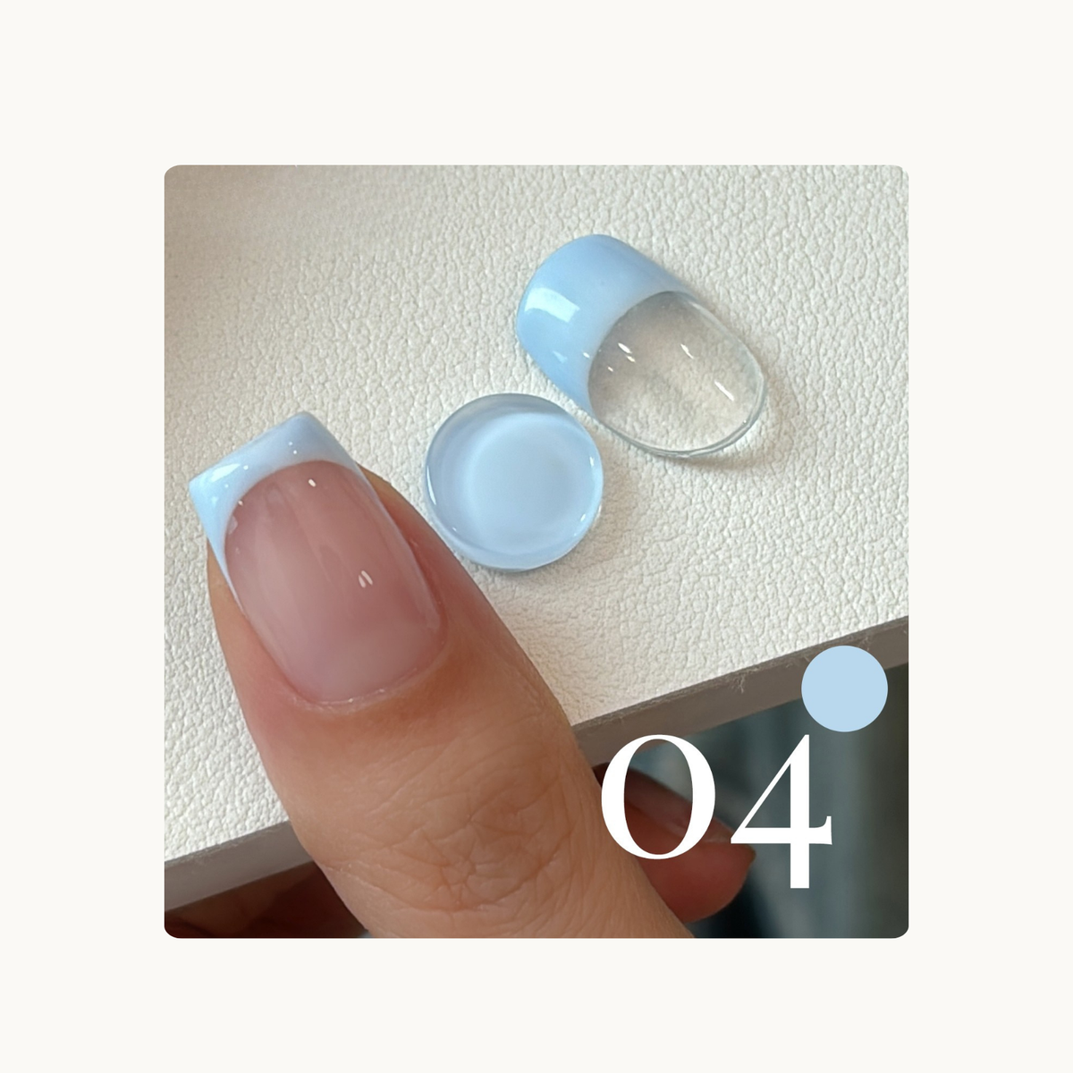 Baby Powder Blue French tip gel swatch on a natural nail