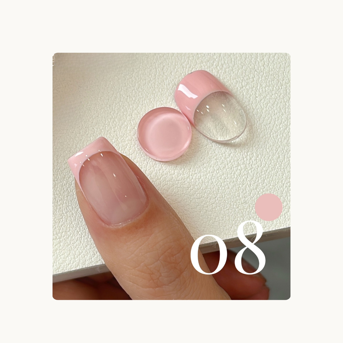 Peachy Petal Pink French tip gel swatch on a natural nail