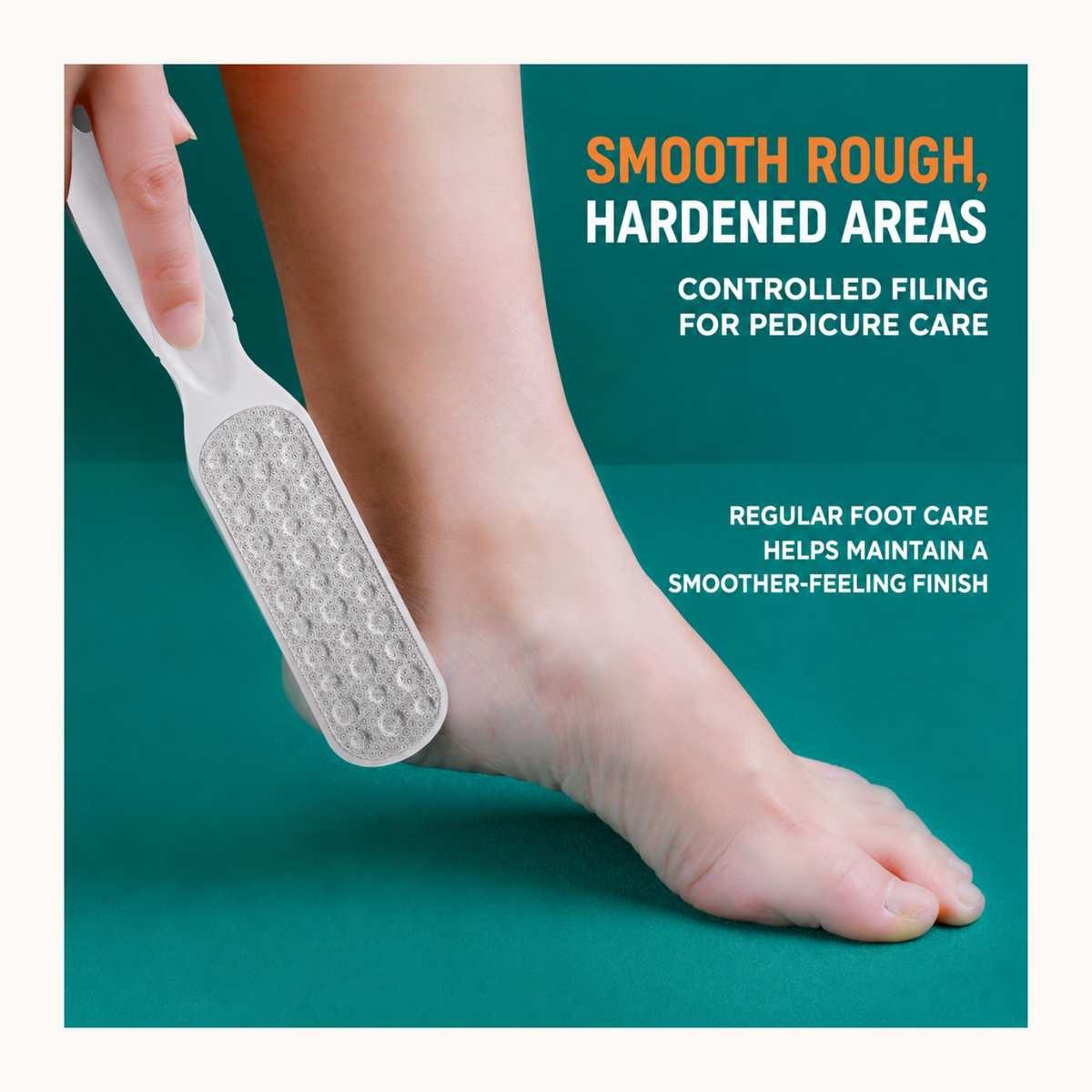 White foot file applied to the side of a bare foot in a pedicure demonstration
