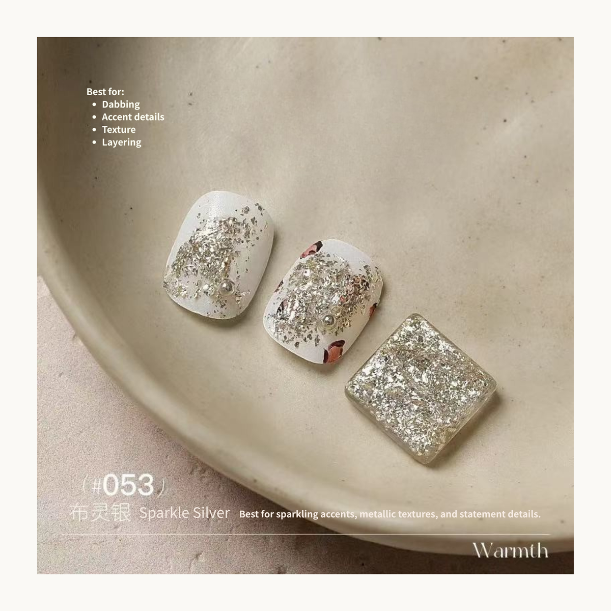 Sparkle Silver nail color gel shade card with dense glitter samples