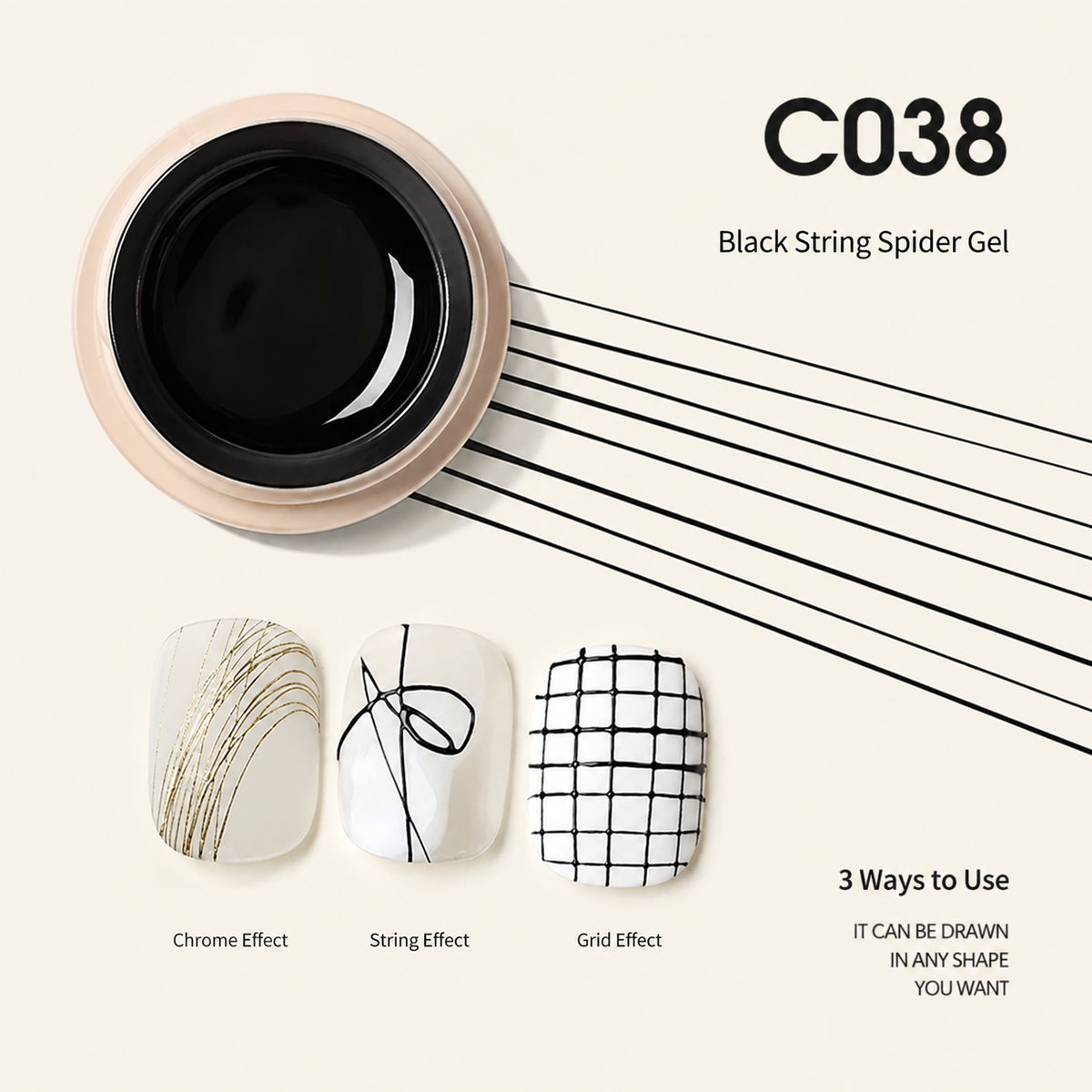 Black spider gel jar with line-art, grid, and chrome-effect nail swatches