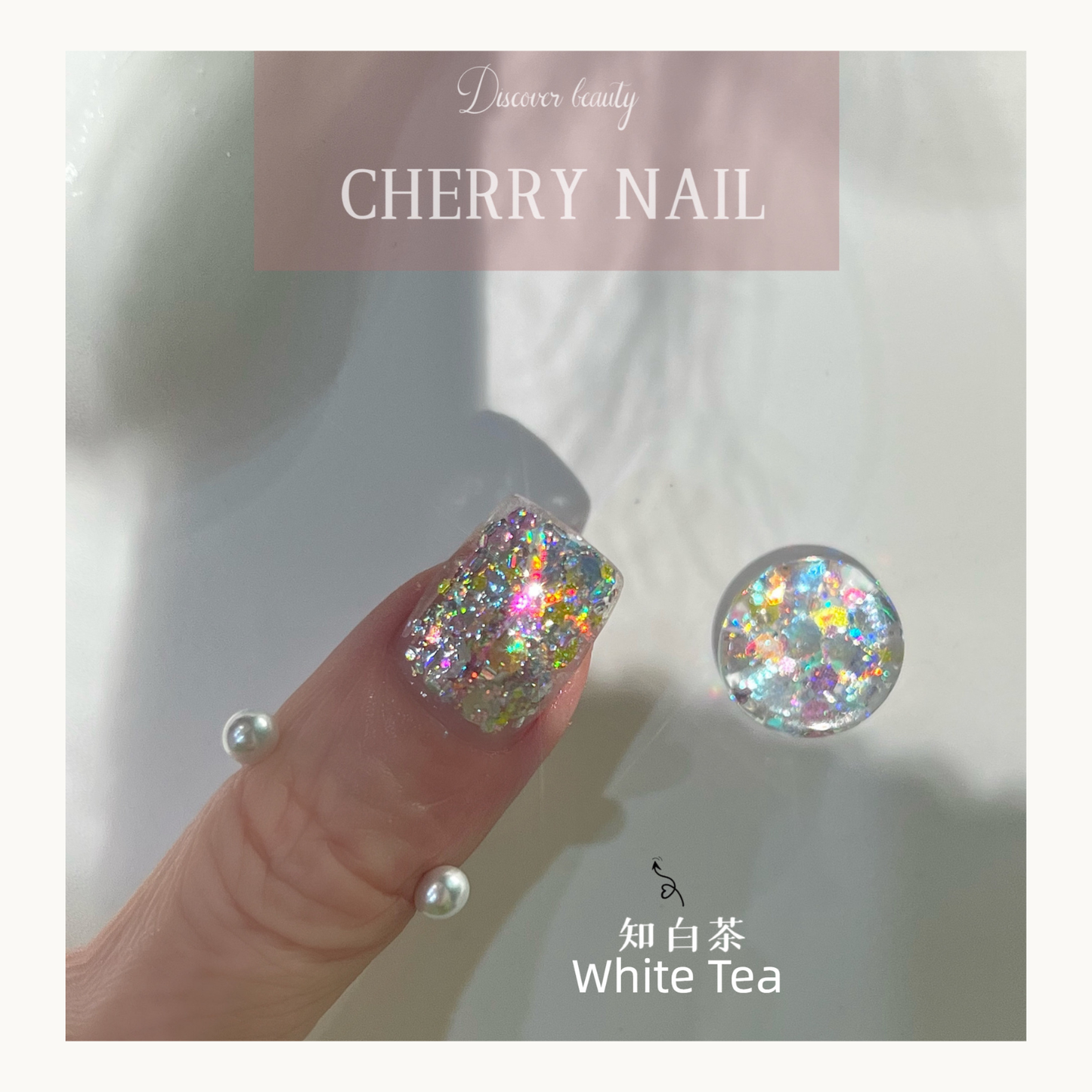 Detailed view of White Tea multi-colored sparkle glitter, versatile for nail tech professional use or body glitter.