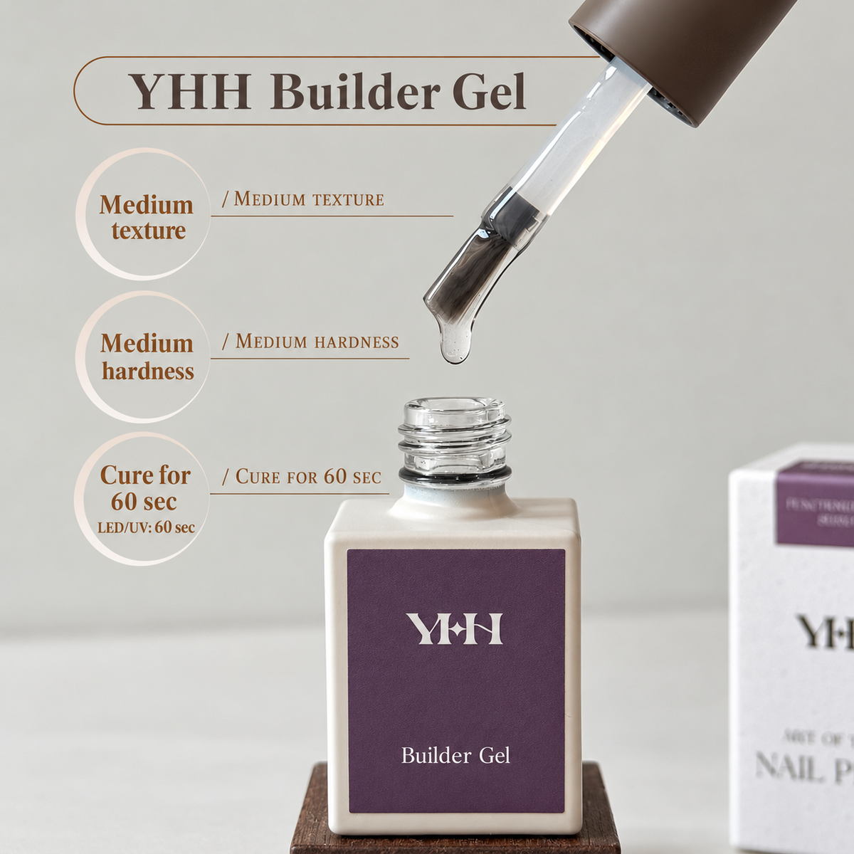 YHH Builder Gel 15 mL showing medium texture, medium hardness and LED/UV cure time