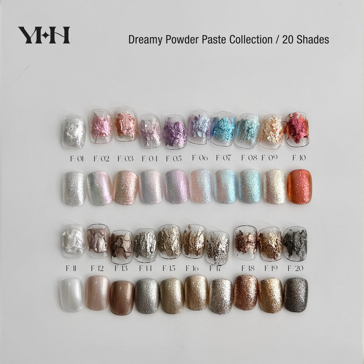 YHH Dreamy Powder Paste 20 shades collection swatch card, non-wipe textured metallic pigment paste for 3D nail art, professional nail supply for nail techs in USA and Canada