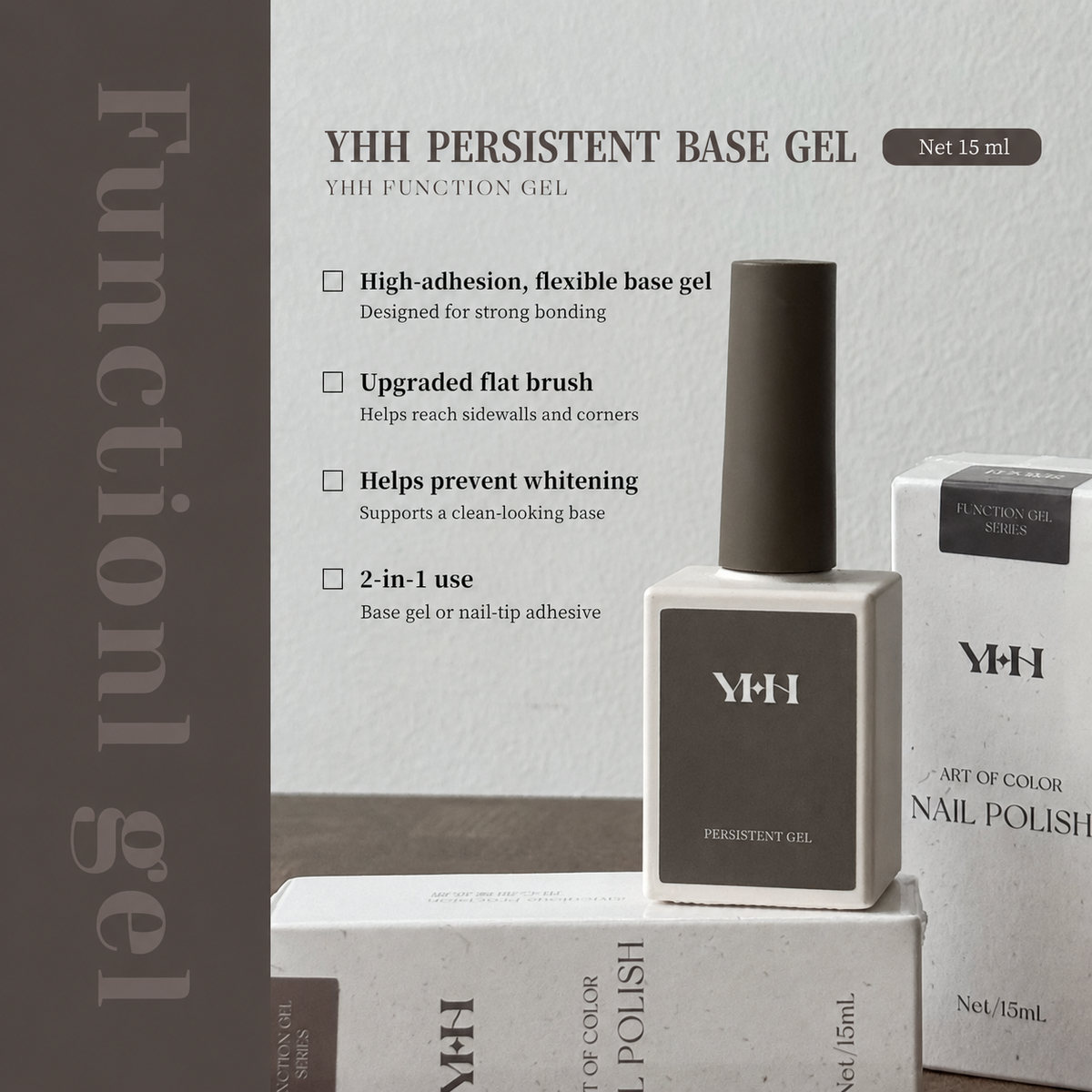 YHH Persistent Base Gel 15 ml with bottle and carton, showing key features