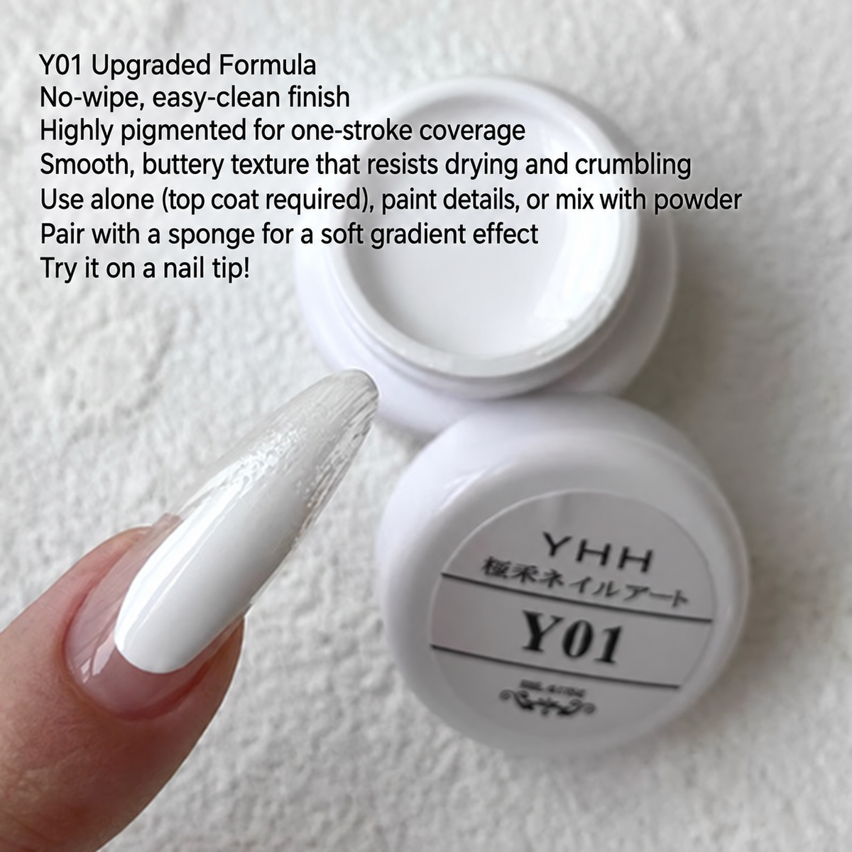 YHH Y01 highly pigmented white solid paint gel with a smooth buttery texture for one-stroke nail art, detailed painting and soft sponge gradients.