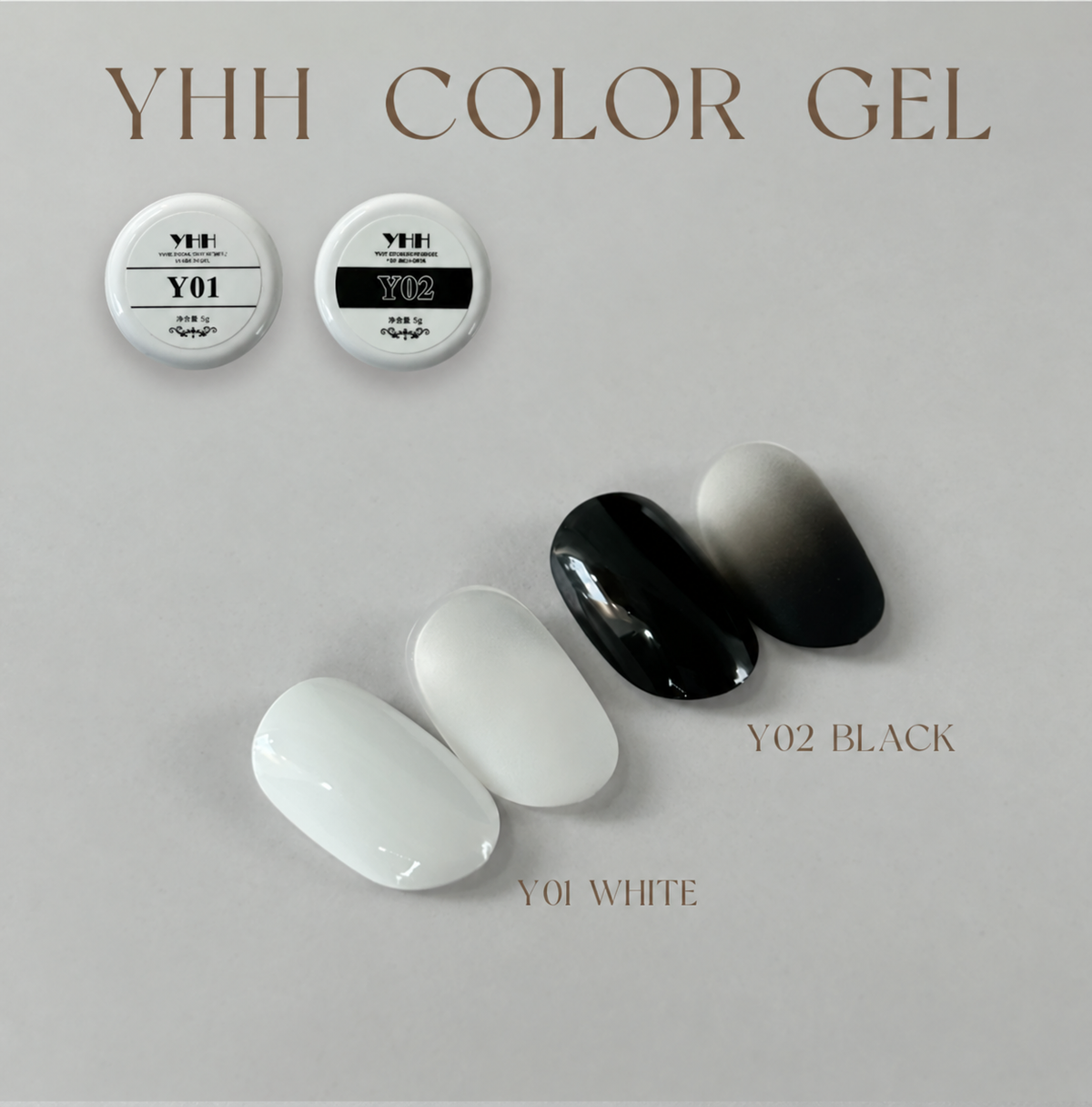 YHH Y01 white and Y02 black chrome-rubbable Tap Tap Gel pots with nail swatches