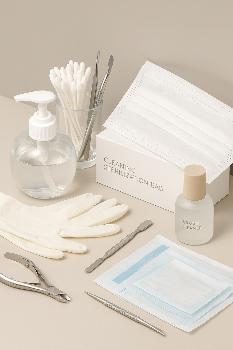 NFormula Life tool care and cleaning essentials — sanitizing tools, brush cleaners, steel pushers, and cuticle care accessories.