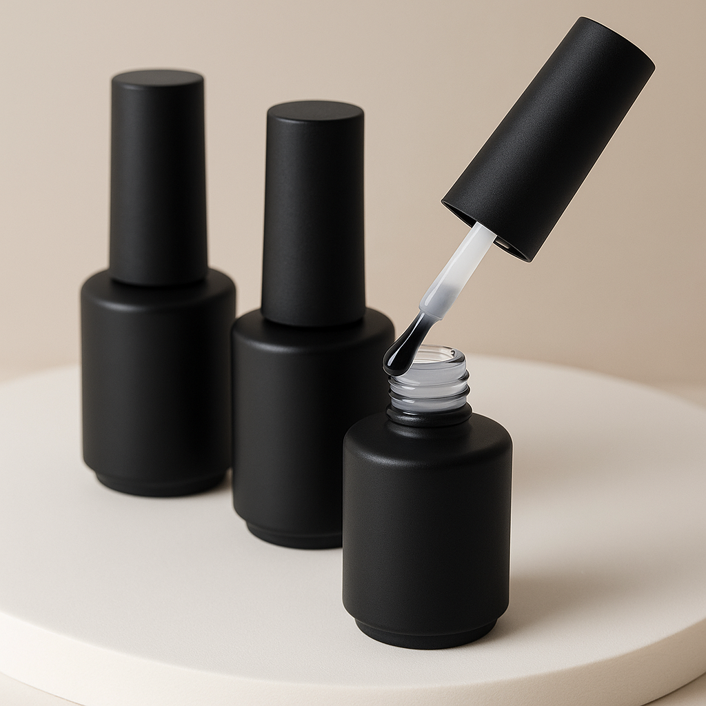 Soft pastel bottle gels arranged on a neutral background with gentle light reflection”  “NFormula Life Easy Apply Bottle Gel – soft color tones, smooth application design”