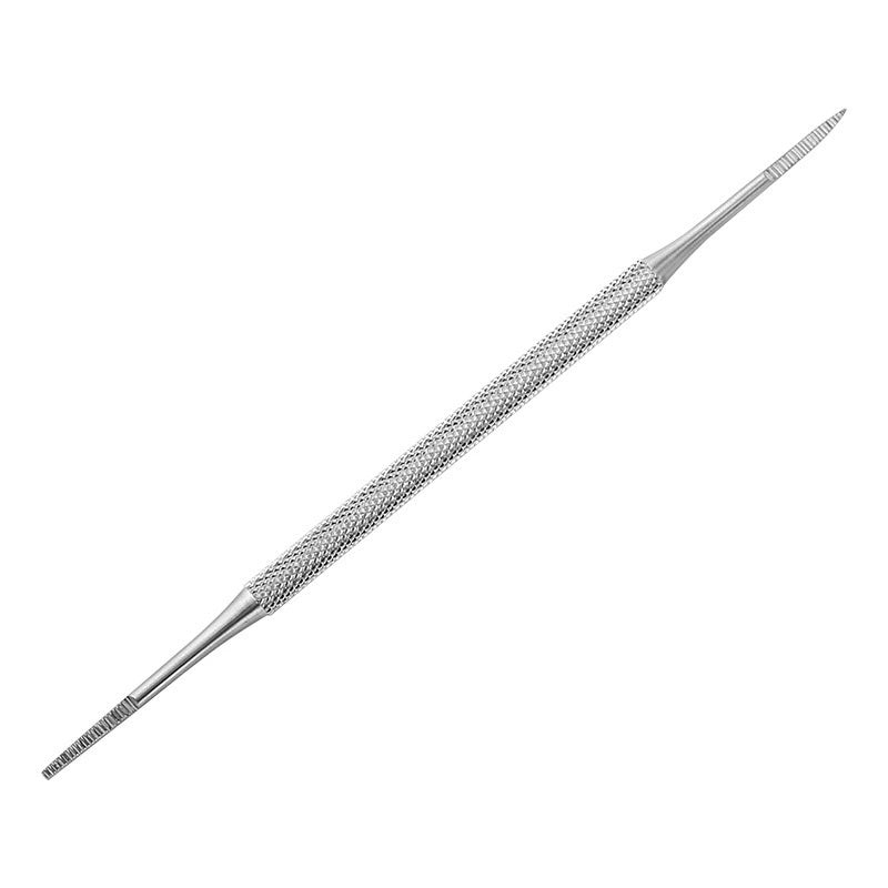 Full stainless steel double-ended curved nail file on a white background