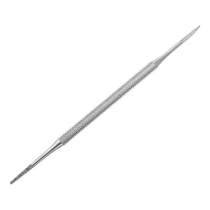 Full stainless steel double-ended curved nail file on a white background
