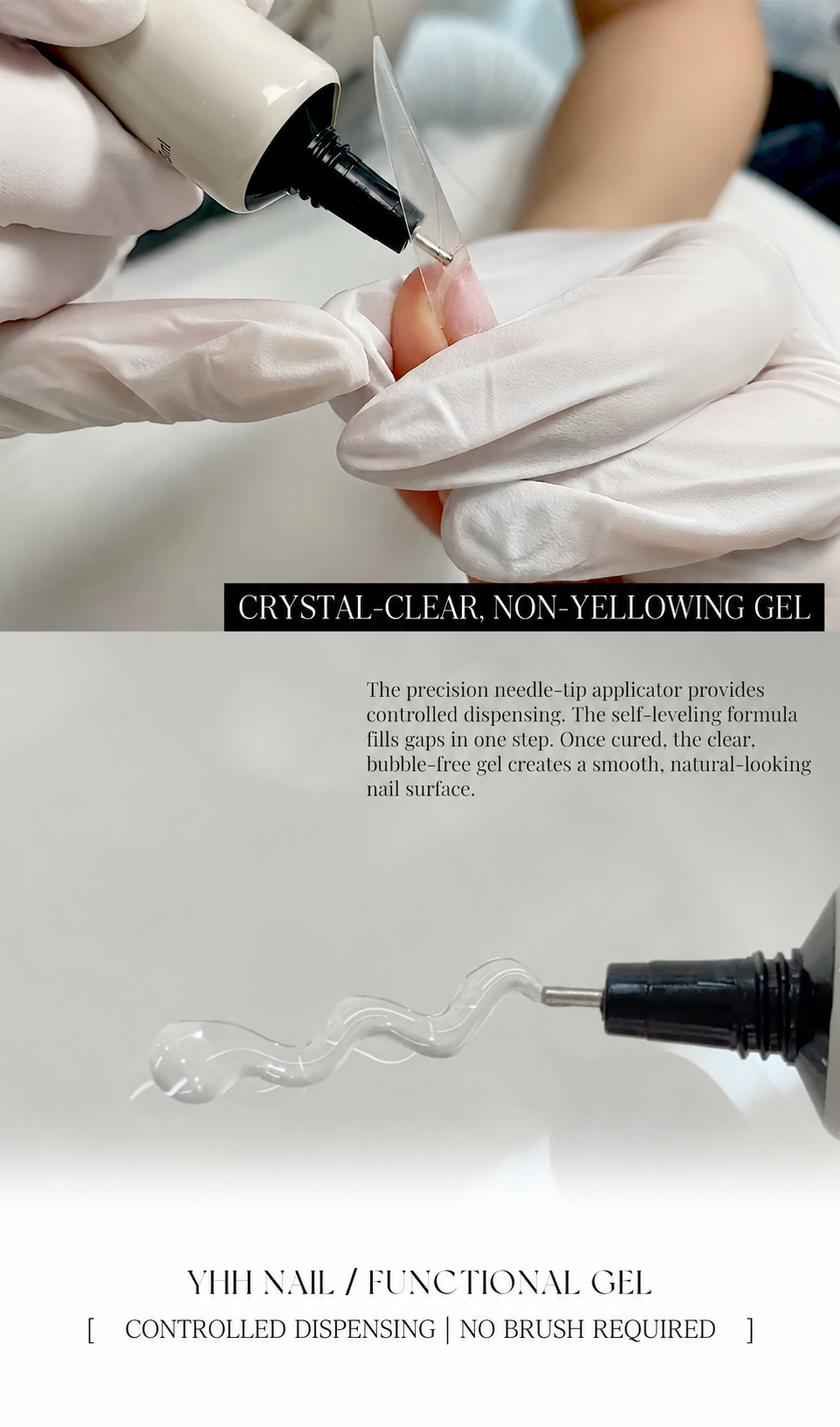 YHH clear gap-filling base gel with precision pen-tip applicator.