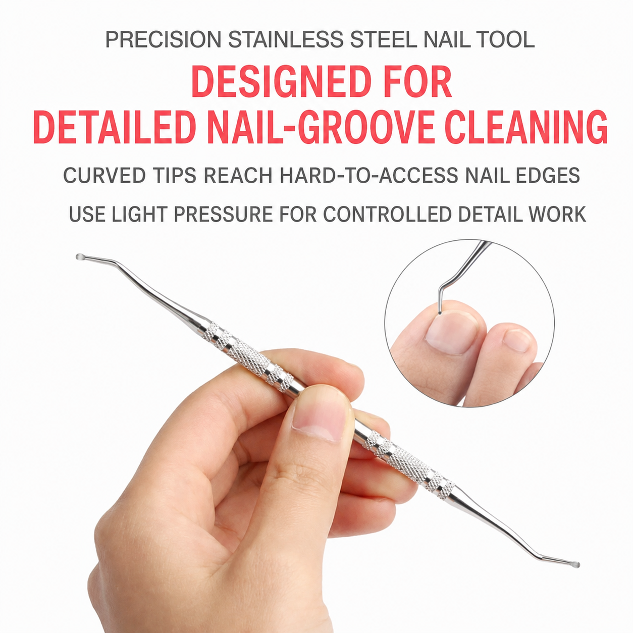 Hand holding an NF Select stainless steel nail tool with curved double-ended tips