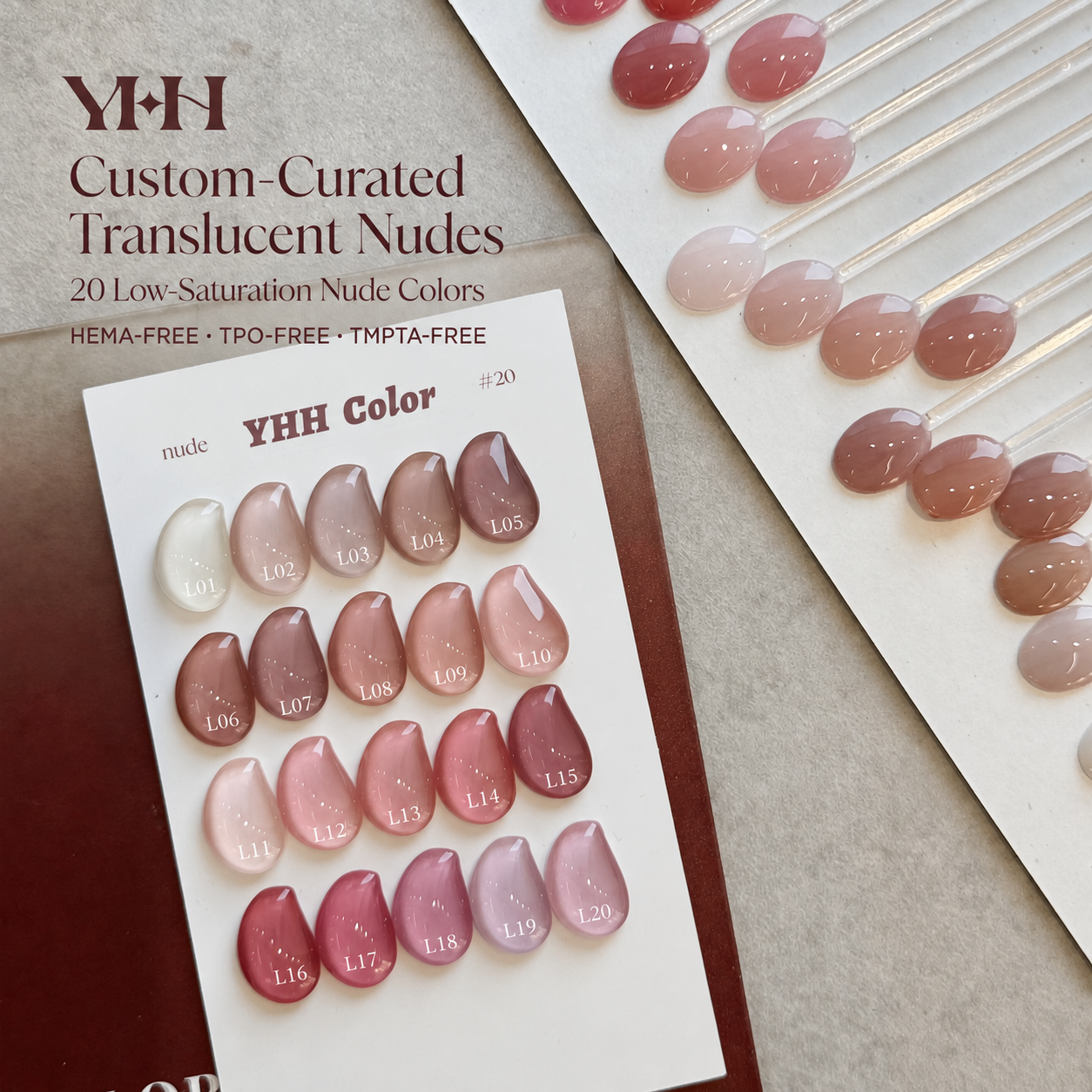 YHH L Series translucent nude gel polish palette and formula claims
