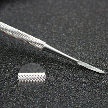 Close-up of the textured grip and curved filing end
