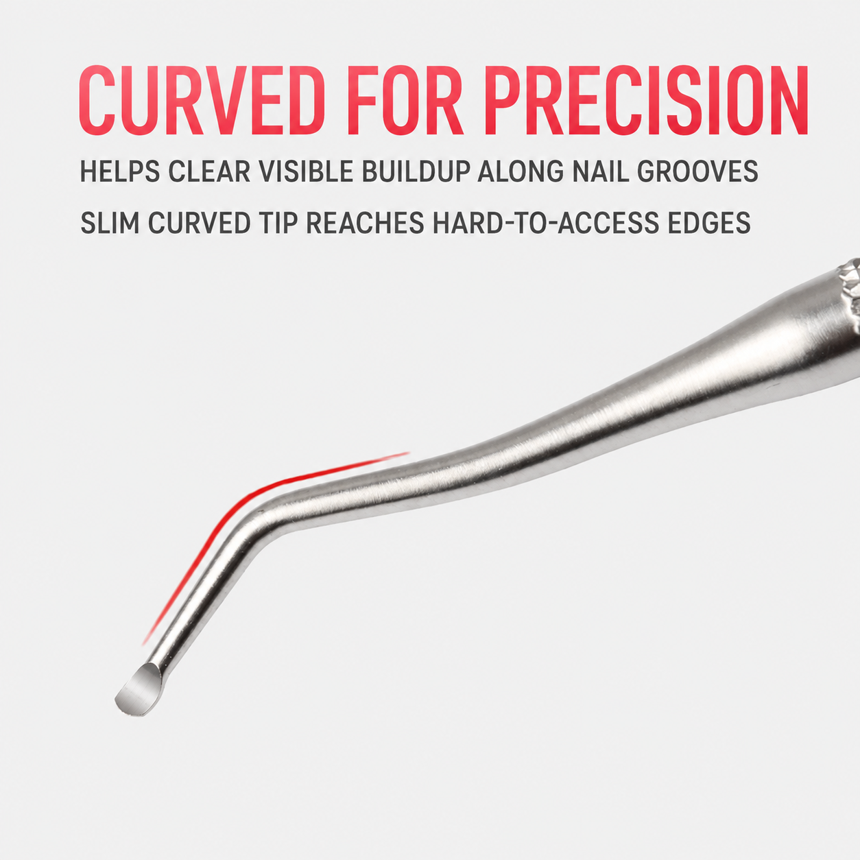 Close-up of the curved precision tip on the NF Select toenail lifter and cleaner