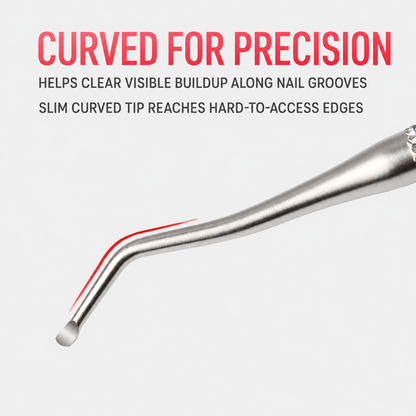 Close-up of the curved precision tip on the NF Select toenail lifter and cleaner