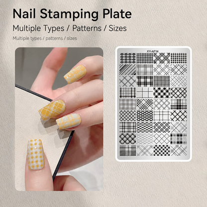 NF Select plaid nail stamping plate shown with yellow plaid nail art