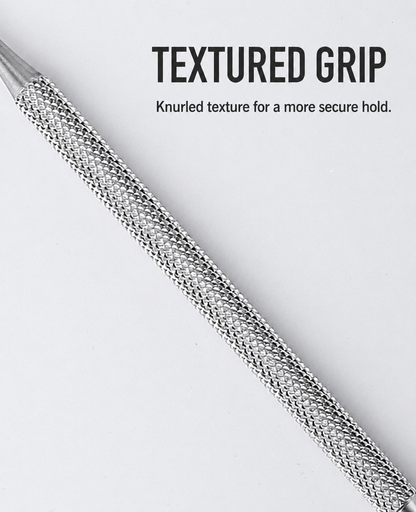 Close-up of the knurled stainless steel grip