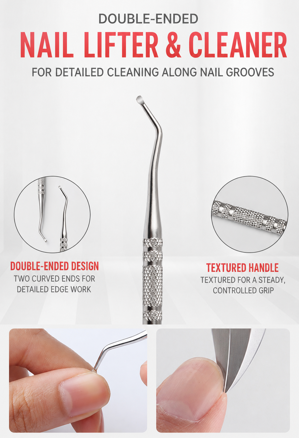 Double-ended stainless steel nail tool with curved tips and textured handle
