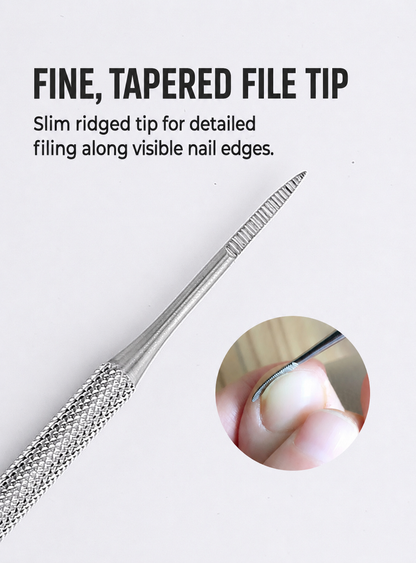 Fine tapered ridged tip for detailed filing along visible nail edges
