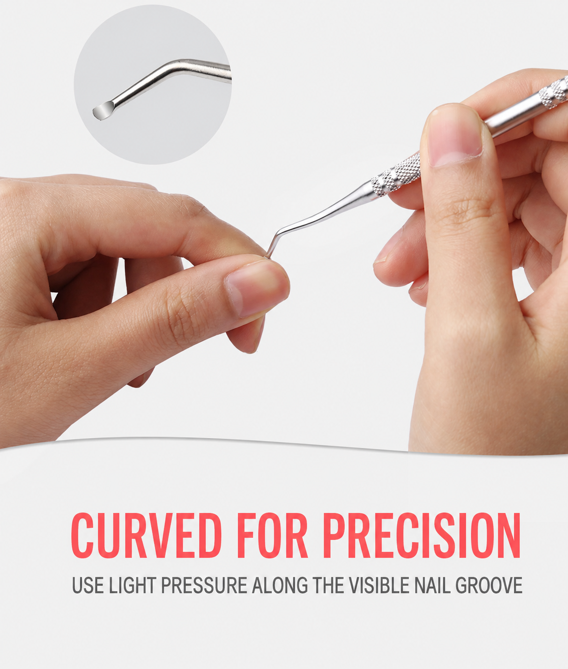 NF Select curved nail tool used with light pressure along a visible nail groove