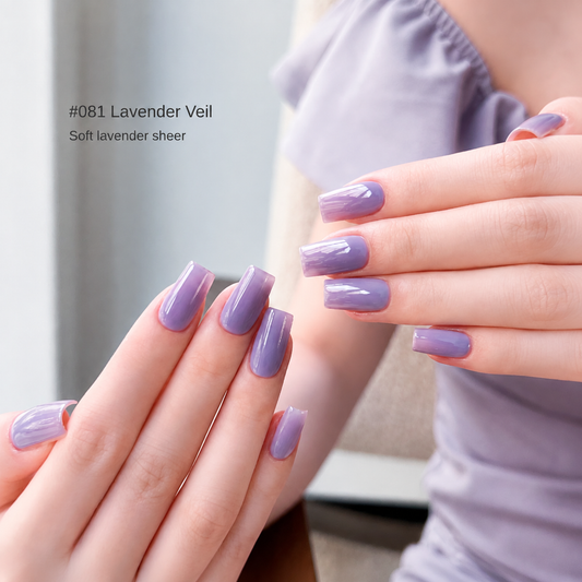 Lavender Veil light purple glossy nail color gel manicure on two hands