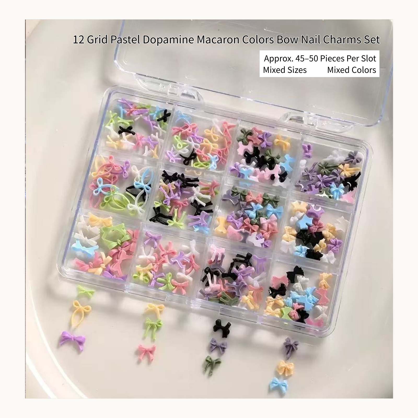 12 grid pastel bow nail charms set in macaron dopamine colors, approx 45–50 pieces per slot, mixed sizes and mixed colors 3D nail art decorations for salon and DIY use in USA and Canada
