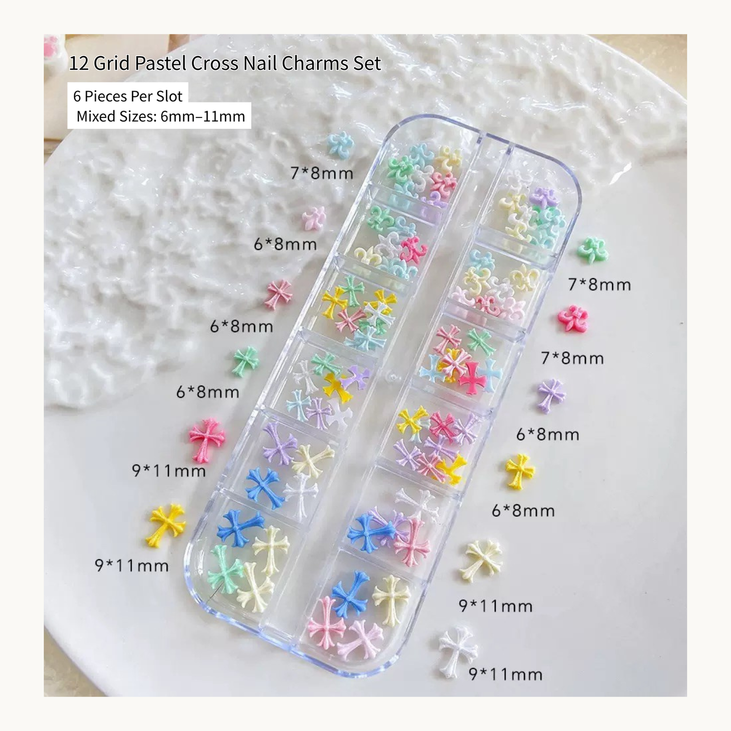 12 grid pastel cross nail charms set, 6 pieces per slot, mixed sizes 6mm to 11mm for professional nail salons in USA and Canada