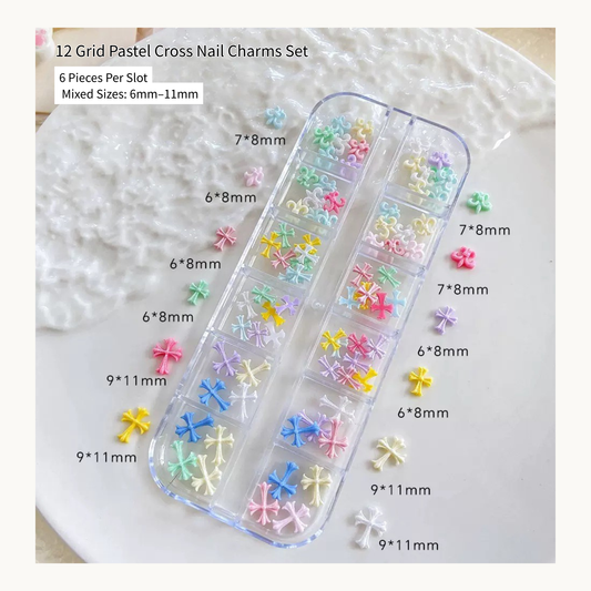 12 grid pastel cross nail charms set, 6 pieces per slot, mixed sizes 6mm to 11mm for professional nail salons in USA and Canada